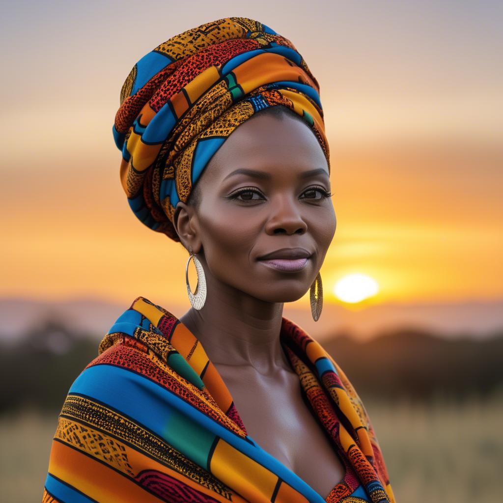 A stunning image of south african queen in a vibrant patterned wrap glowing under warm african sunset.