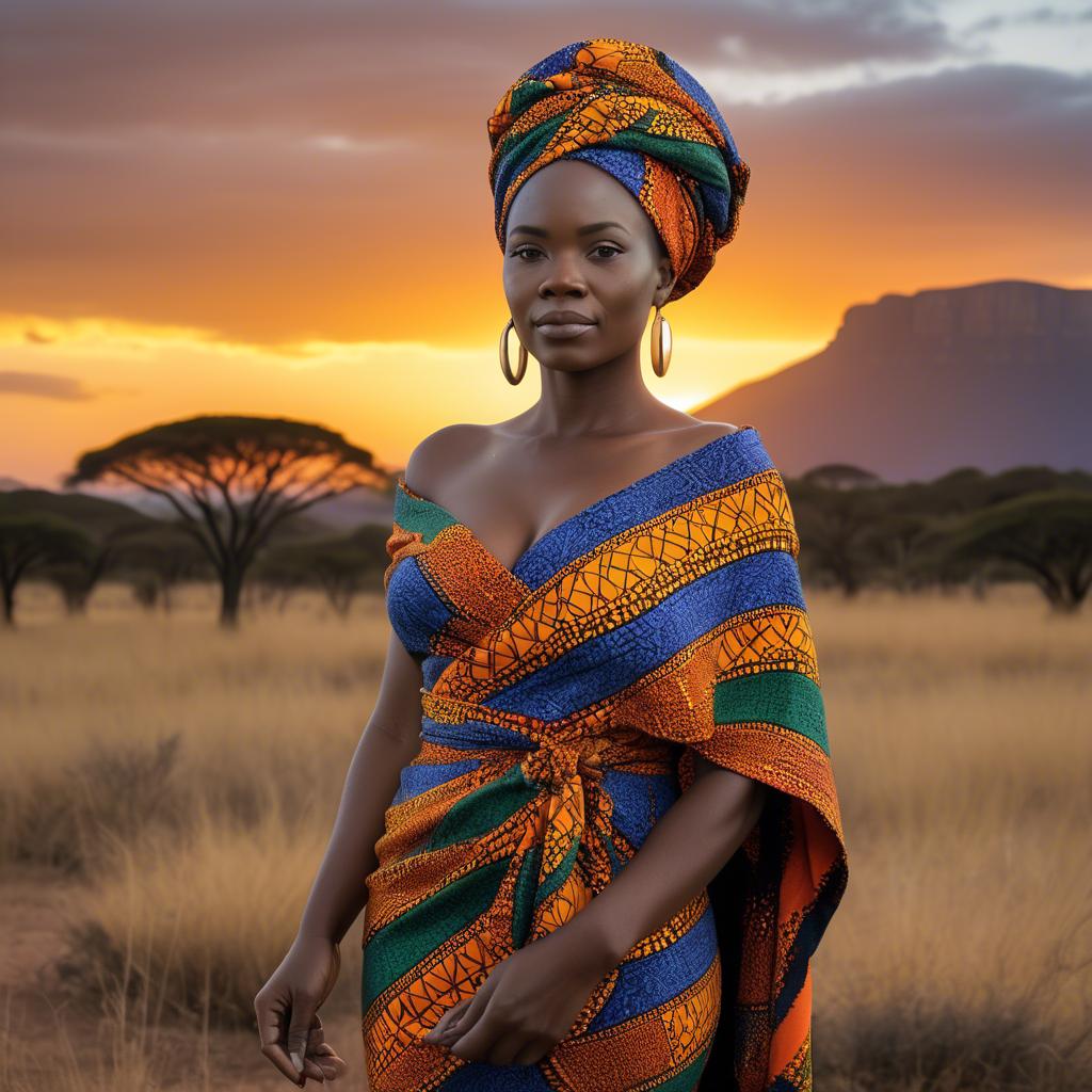 A stunning image of south african queen in a vibrant patterned wrap glowing under warm african sunset.