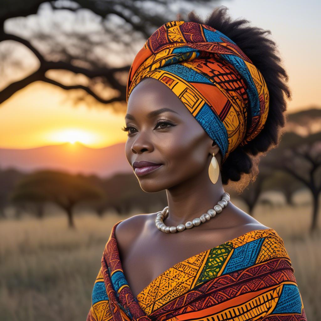 A stunning image of south african queen in a vibrant patterned wrap glowing under warm african sunset.