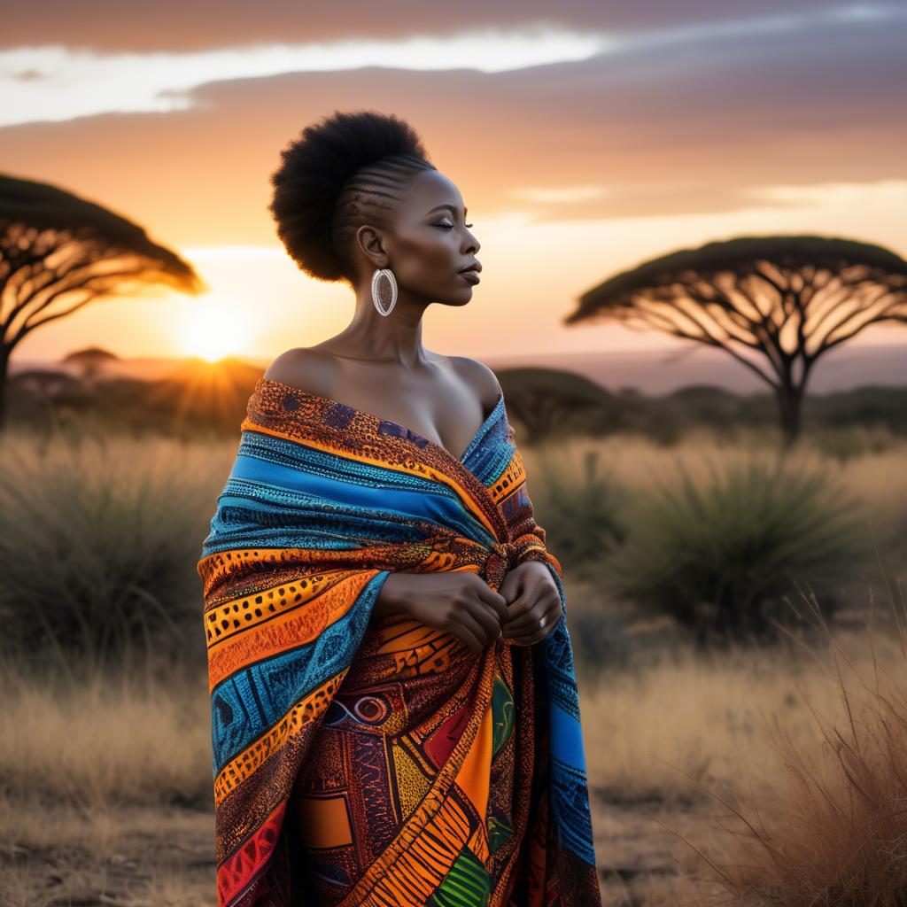 A stunning image of south african queen in a vibrant patterned wrap glowing under warm african sunset.