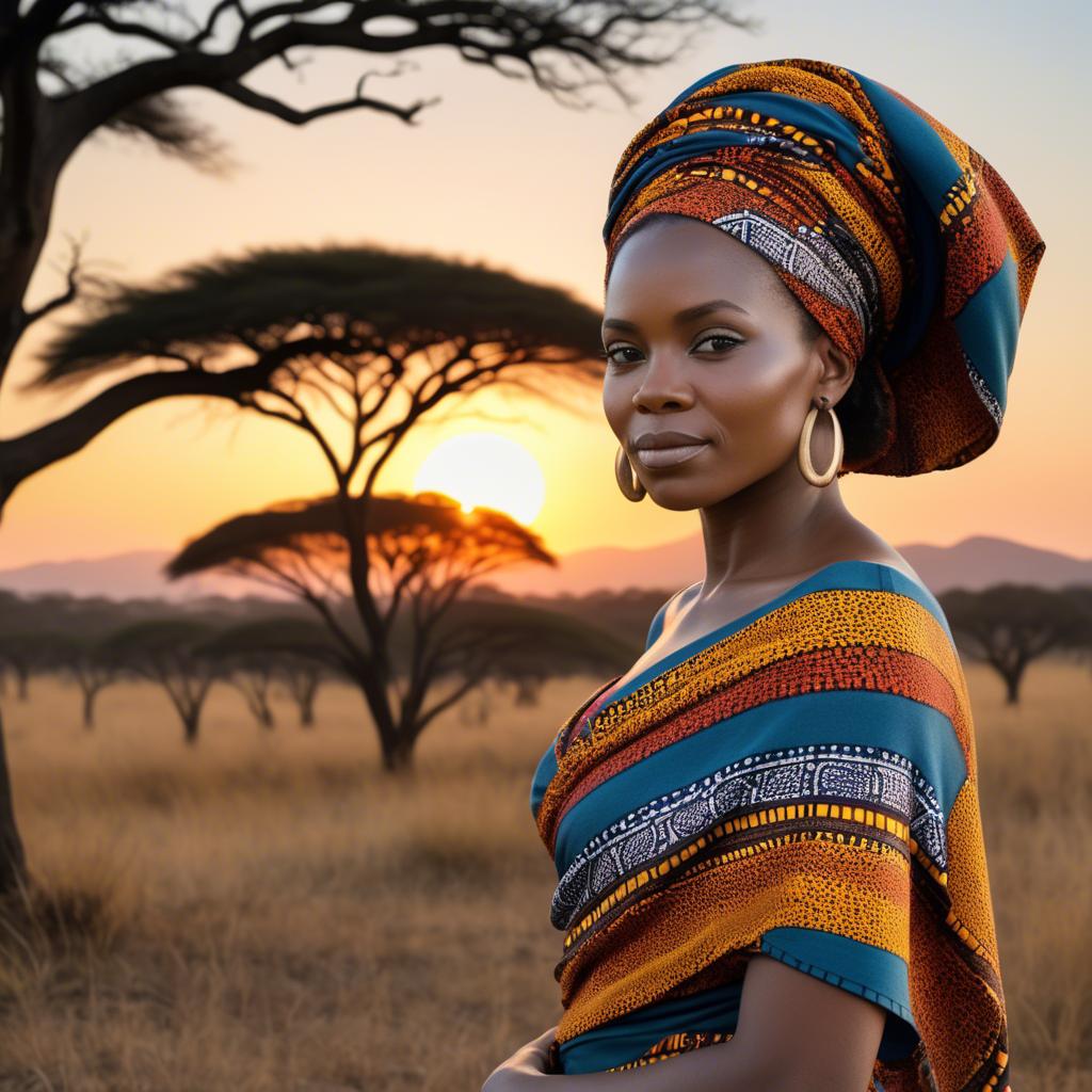 A stunning image of south african queen in a vibrant patterned wrap glowing under warm african sunset.
