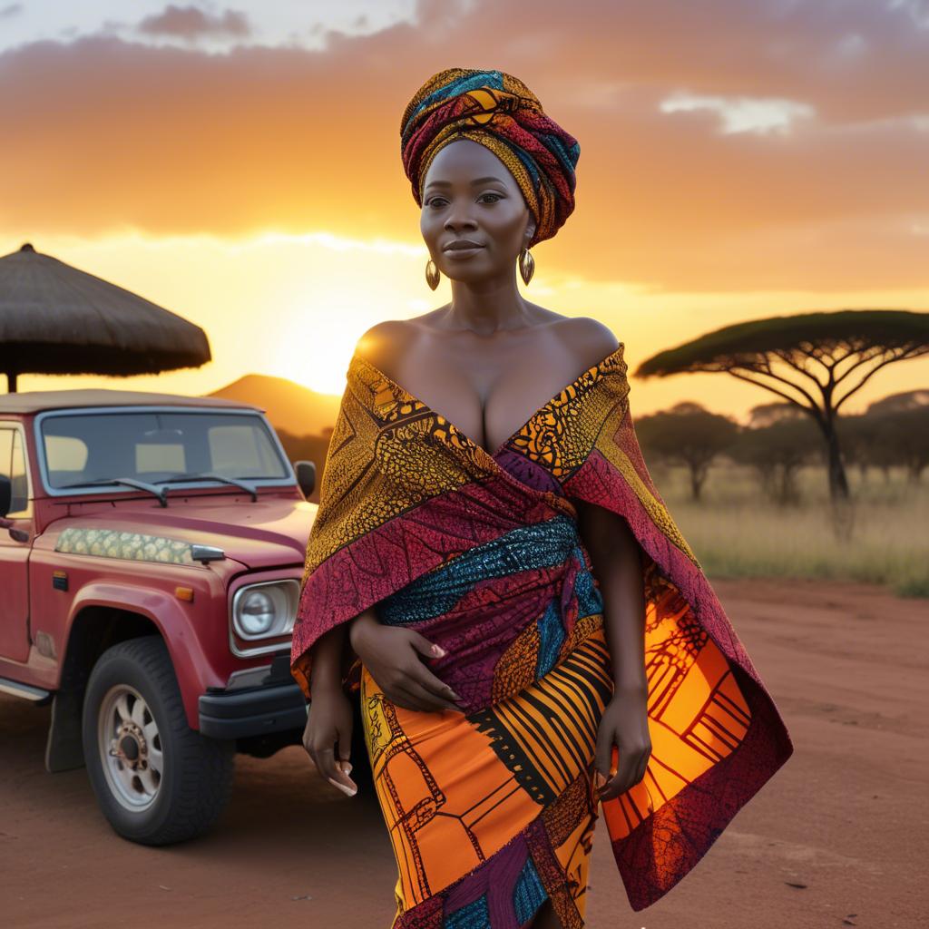 A stunning image of south african queen in a vibrant patterned wrap glowing under warm african sunset.