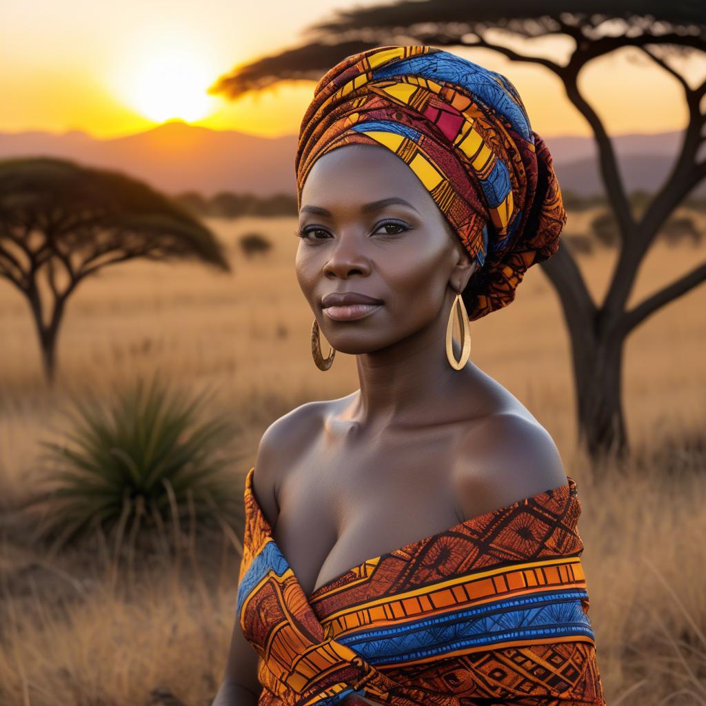 A stunning image of south african queen in a vibrant patterned wrap glowing under warm african sunset.