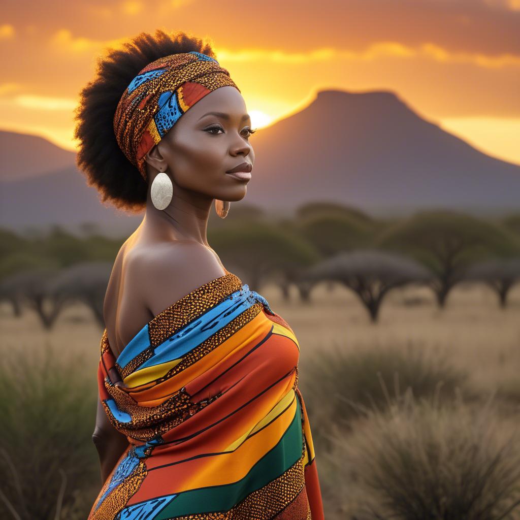 A stunning image of south african queen in a vibrant patterned wrap glowing under warm african sunset.