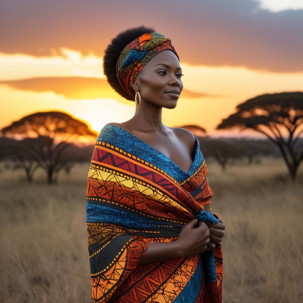 A stunning image of south african queen in a vibrant patterned wrap glowing under warm african sunset.