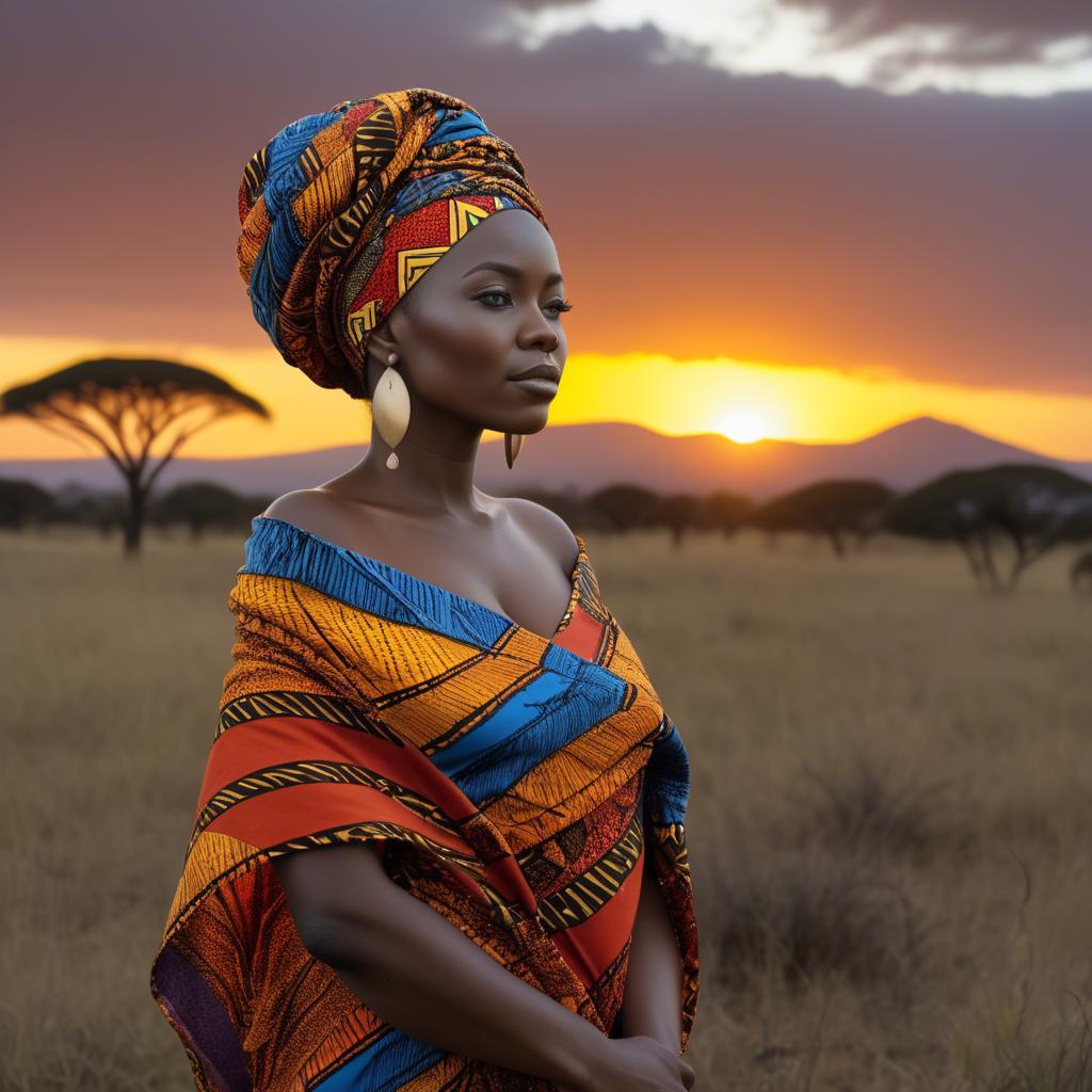 A stunning image of south african queen in a vibrant patterned wrap glowing under warm african sunset.