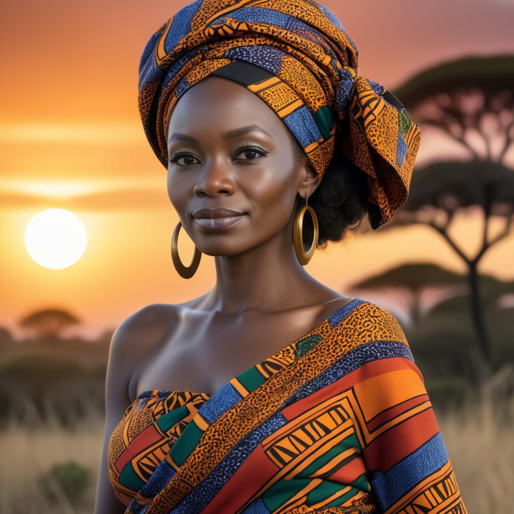 A stunning image of south african queen in a vibrant patterned wrap glowing under warm african sunset.