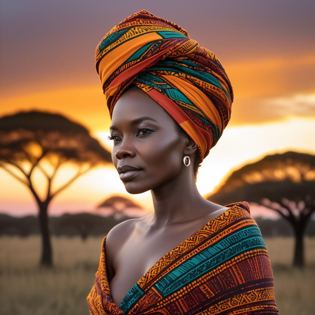 A stunning image of south african queen in a vibrant patterned wrap glowing under warm african sunset.