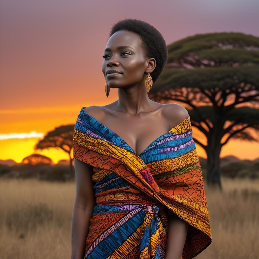 A stunning image of south african queen in a vibrant patterned wrap glowing under warm african sunset.
