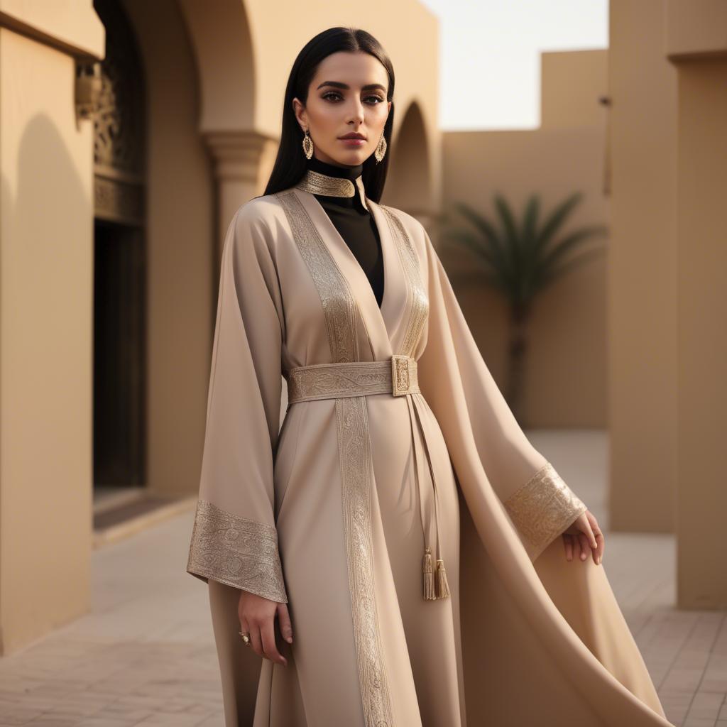 A stunning image of spirited saudi arabian style in a chic abaya-inspired outfit captured in refined evening light.
