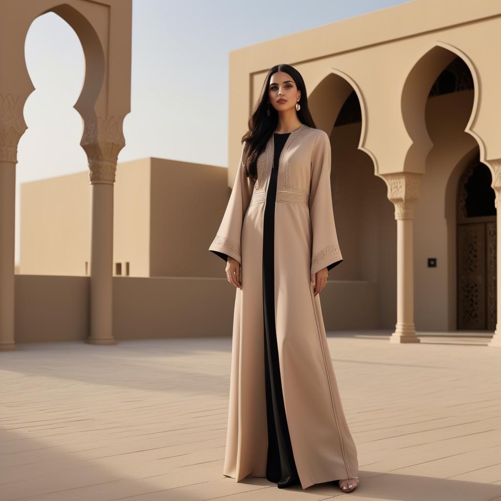 A stunning image of spirited saudi arabian style in a chic abaya-inspired outfit captured in refined evening light.