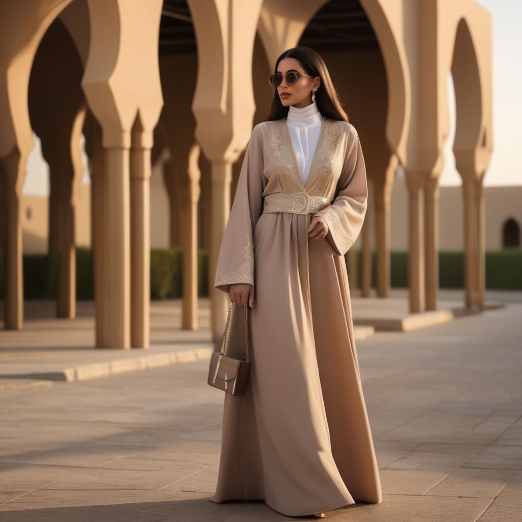 A stunning image of spirited saudi arabian style in a chic abaya-inspired outfit captured in refined evening light.