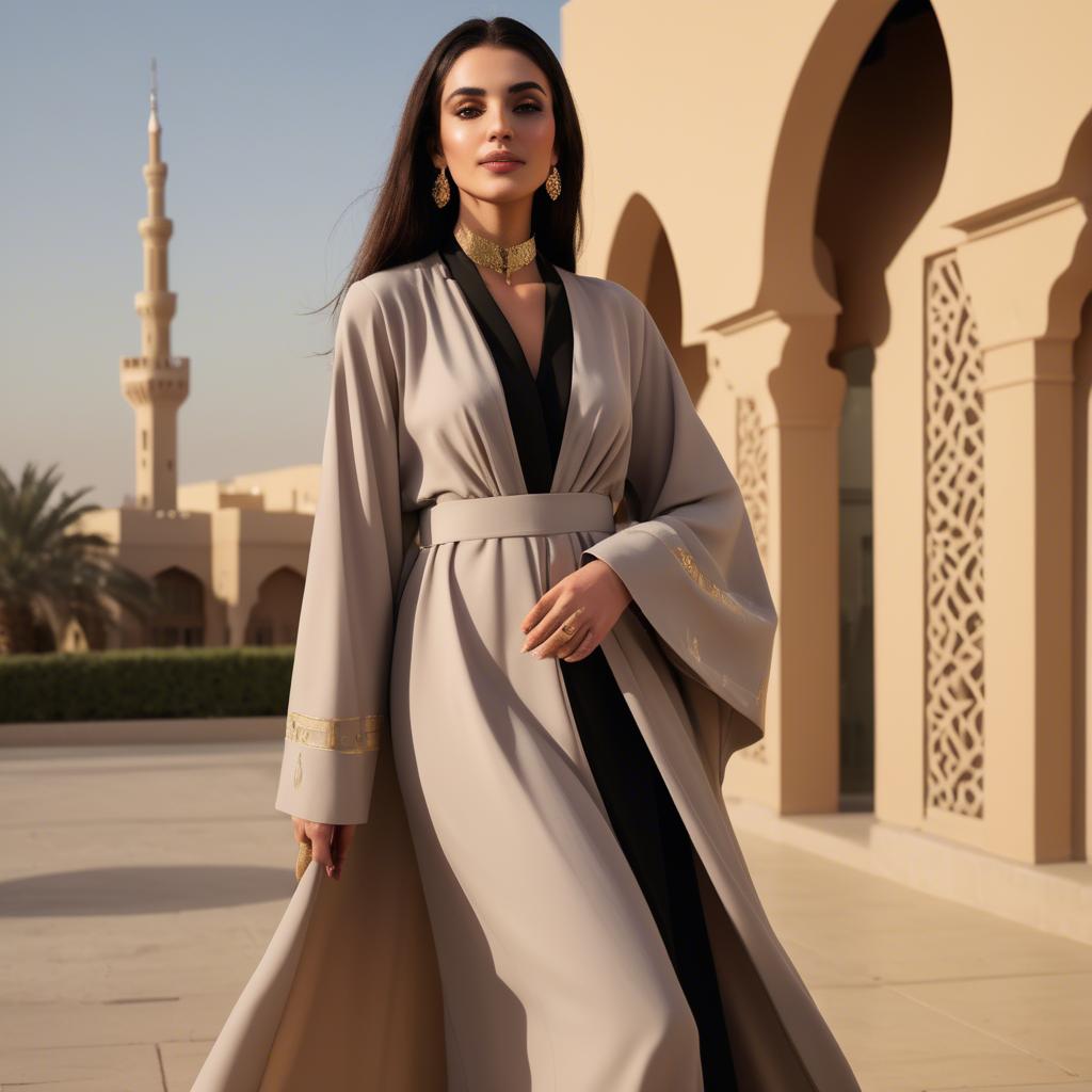 A stunning image of spirited saudi arabian style in a chic abaya-inspired outfit captured in refined evening light.