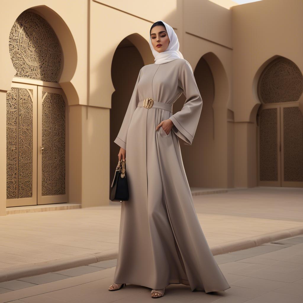 A stunning image of spirited saudi arabian style in a chic abaya-inspired outfit captured in refined evening light.