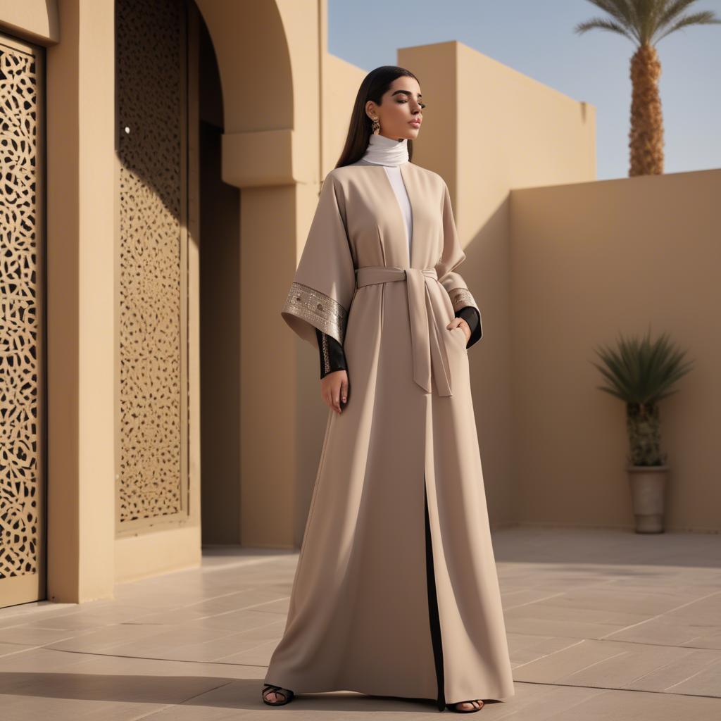 A stunning image of spirited saudi arabian style in a chic abaya-inspired outfit captured in refined evening light.