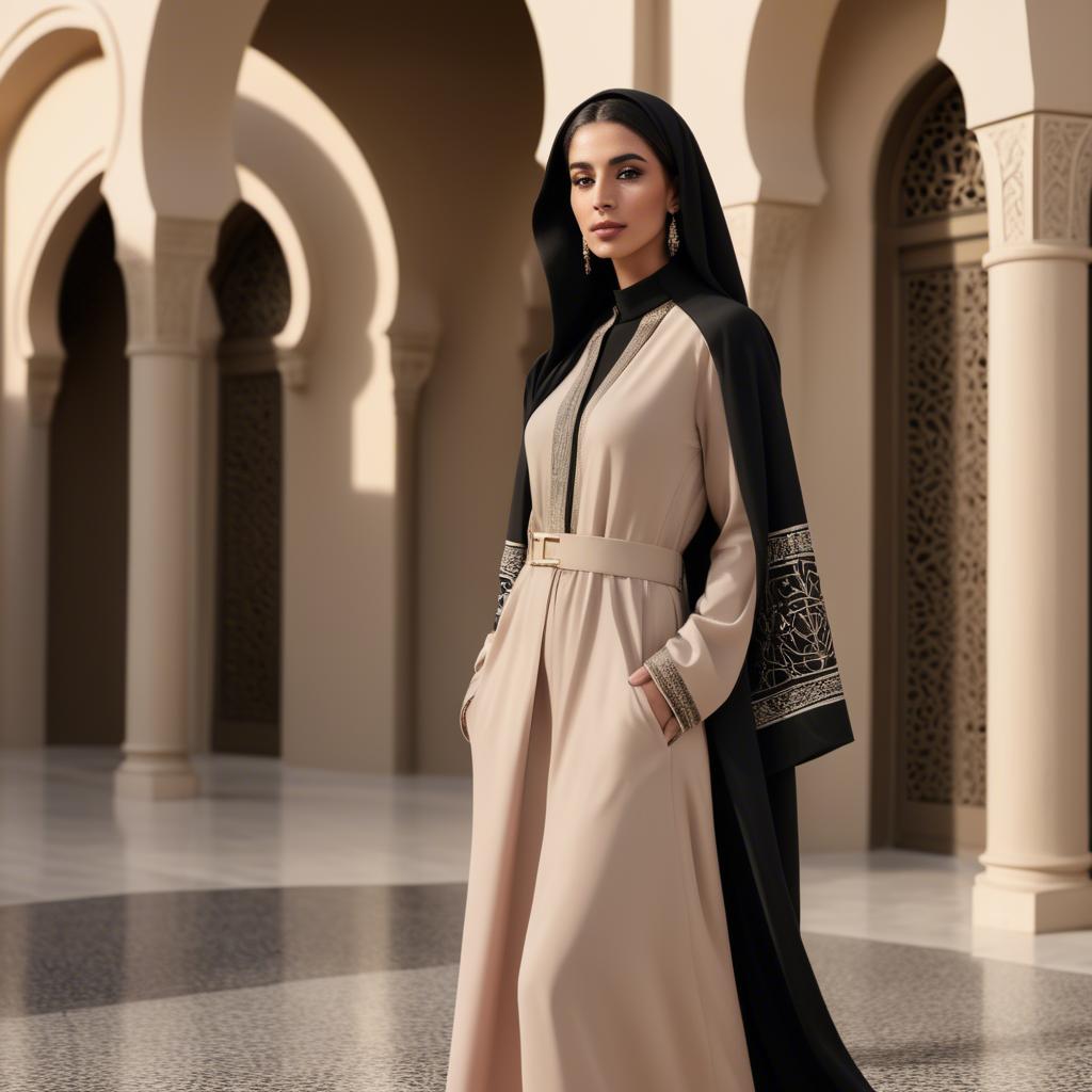 A stunning image of spirited saudi arabian style in a chic abaya-inspired outfit captured in refined evening light.