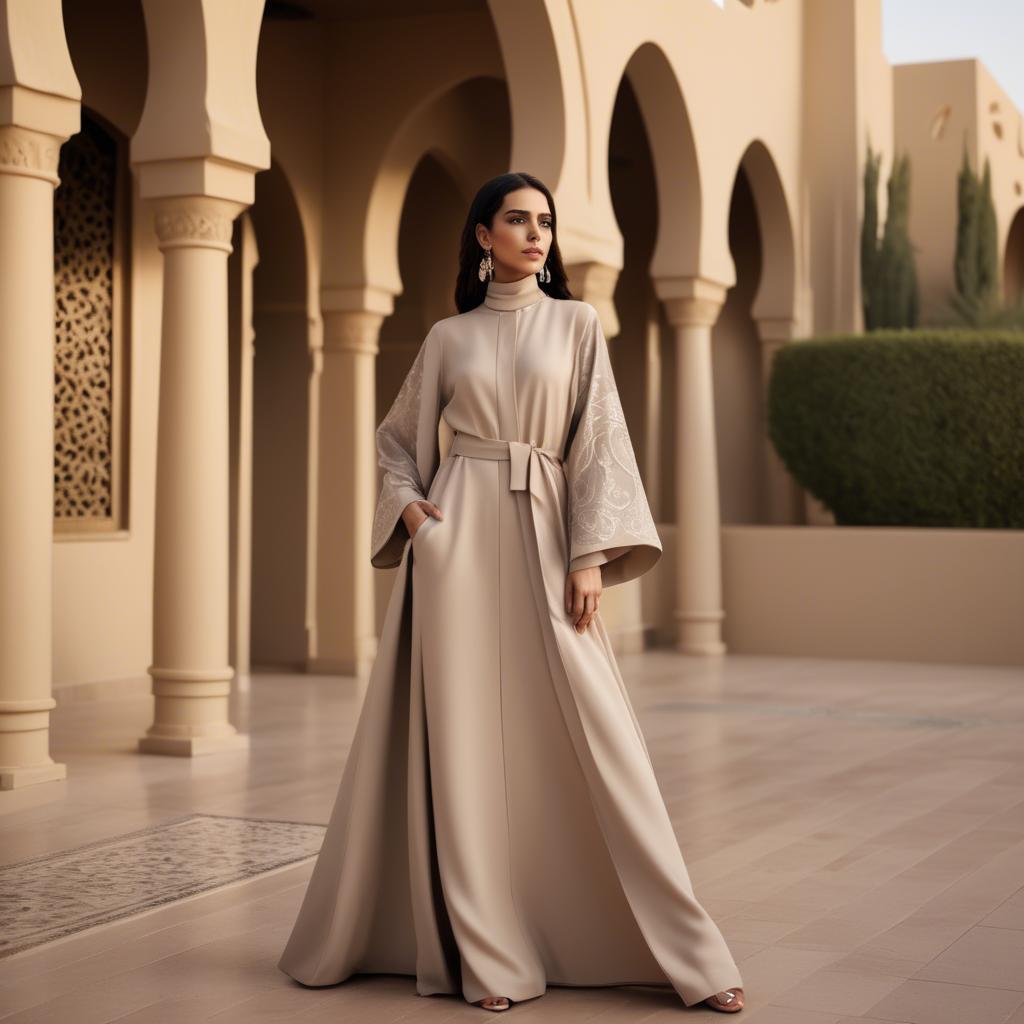 A stunning image of spirited saudi arabian style in a chic abaya-inspired outfit captured in refined evening light.