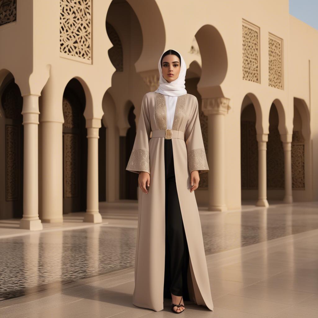 A stunning image of spirited saudi arabian style in a chic abaya-inspired outfit captured in refined evening light.