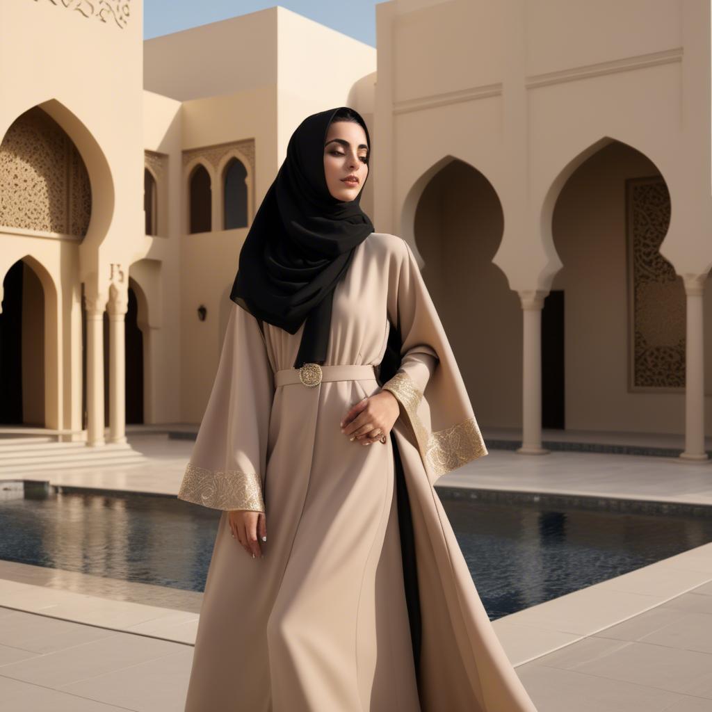 A stunning image of spirited saudi arabian style in a chic abaya-inspired outfit captured in refined evening light.