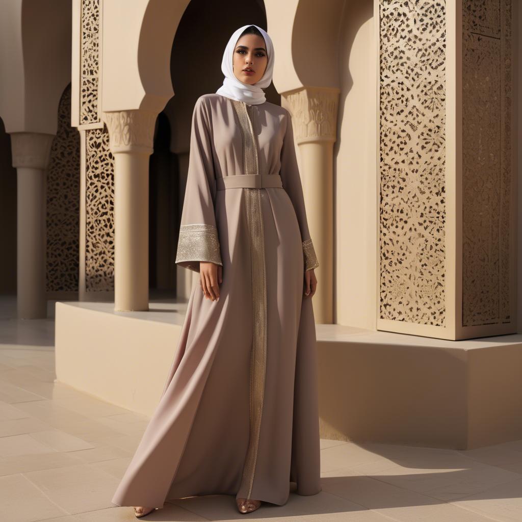 A stunning image of spirited saudi arabian style in a chic abaya-inspired outfit captured in refined evening light.