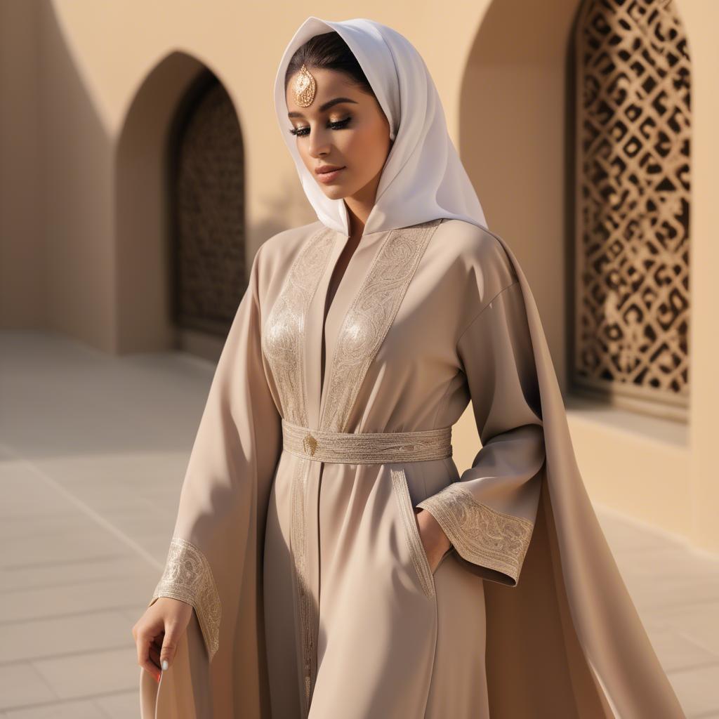 A stunning image of spirited saudi arabian style in a chic abaya-inspired outfit captured in refined evening light.