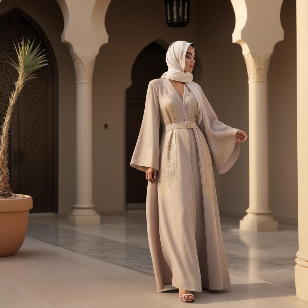 A stunning image of spirited saudi arabian style in a chic abaya-inspired outfit captured in refined evening light.