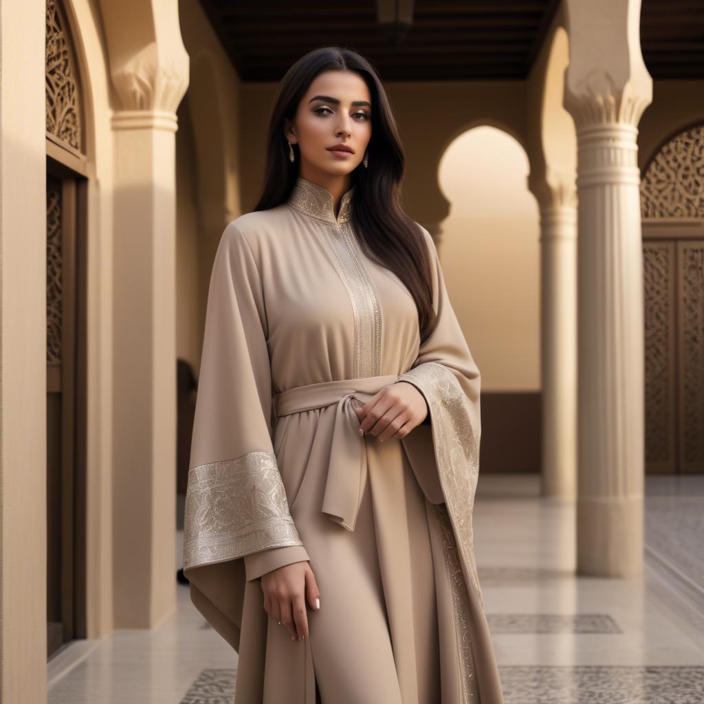 A stunning image of spirited saudi arabian style in a chic abaya-inspired outfit captured in refined evening light.
