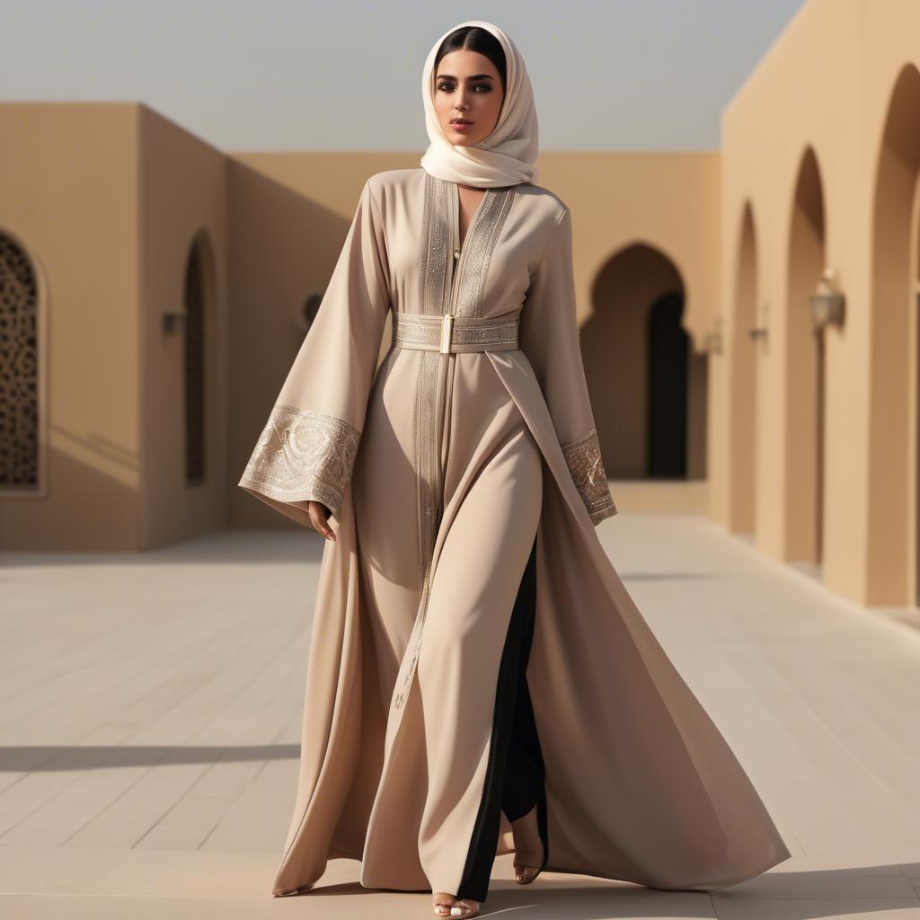 A stunning image of spirited saudi arabian style in a chic abaya-inspired outfit captured in refined evening light.