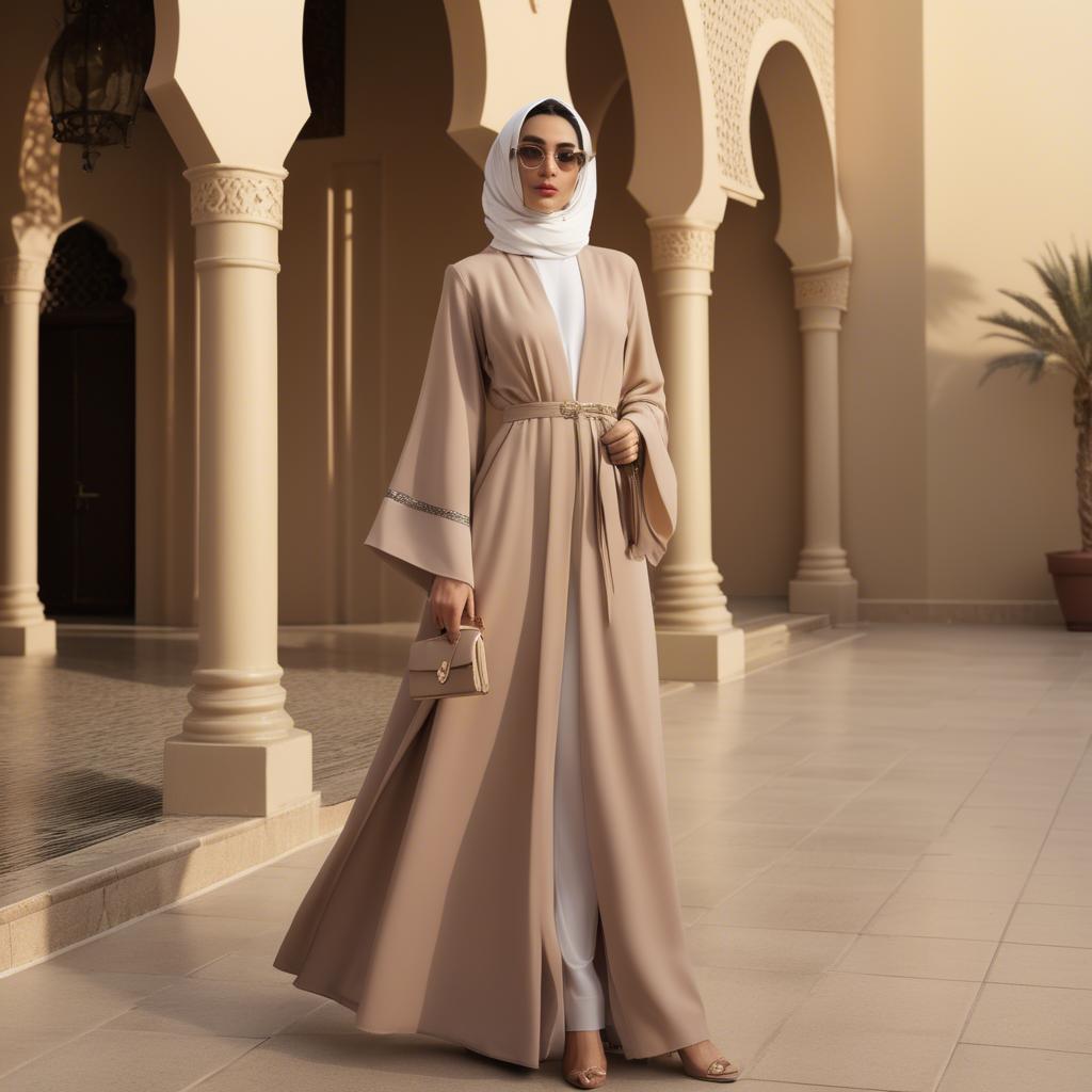 A stunning image of spirited saudi arabian style in a chic abaya-inspired outfit captured in refined evening light.