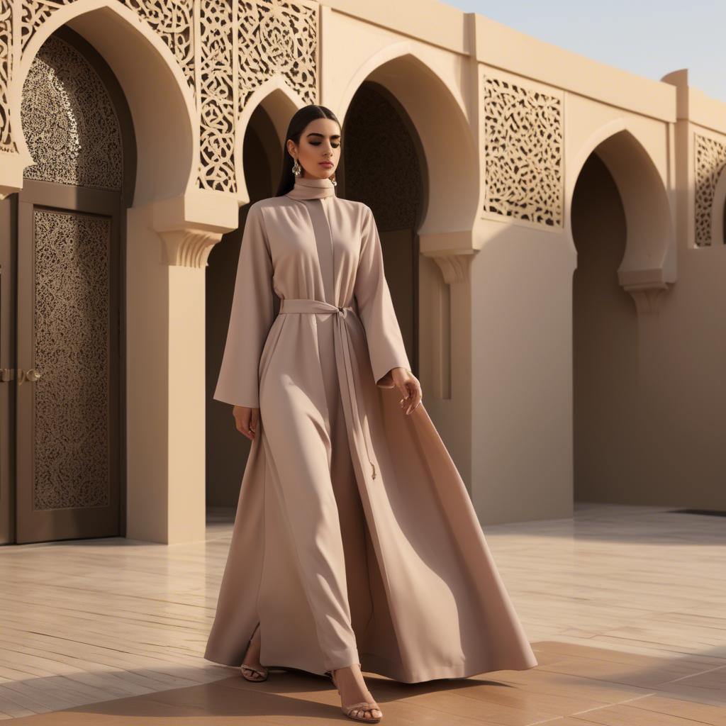 A stunning image of spirited saudi arabian style in a chic abaya-inspired outfit captured in refined evening light.