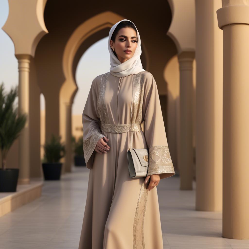 A stunning image of spirited saudi arabian style in a chic abaya-inspired outfit captured in refined evening light.