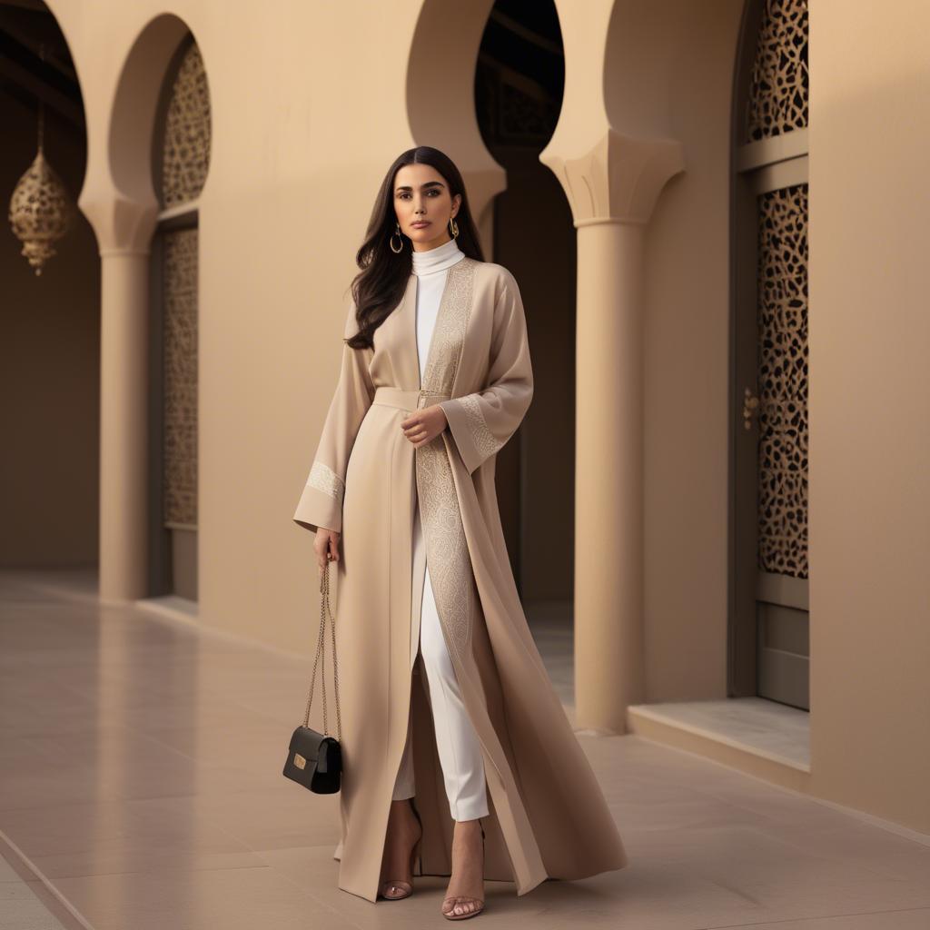 A stunning image of spirited saudi arabian style in a chic abaya-inspired outfit captured in refined evening light.