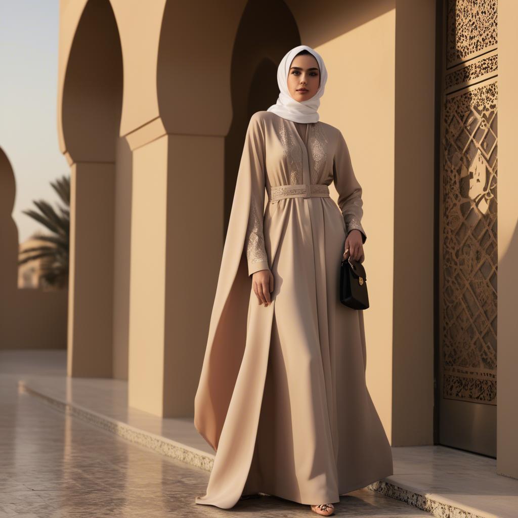 A stunning image of spirited saudi arabian style in a chic abaya-inspired outfit captured in refined evening light.