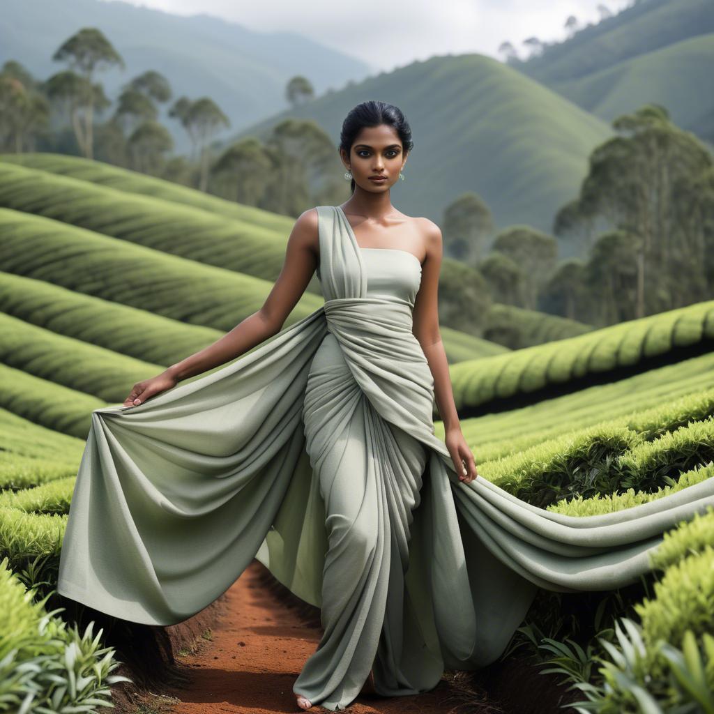 A stunning image of sri lankan model showcasing draped fabrics in lush tea plantation scenery.