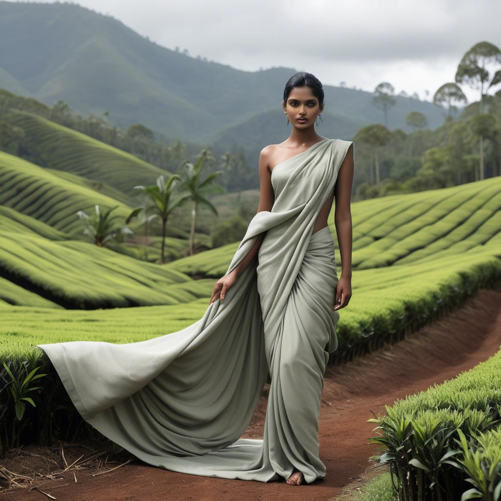 A stunning image of sri lankan model showcasing draped fabrics in lush tea plantation scenery.