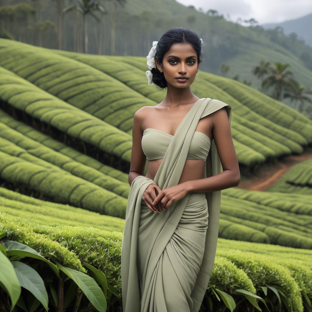A stunning image of sri lankan model showcasing draped fabrics in lush tea plantation scenery.