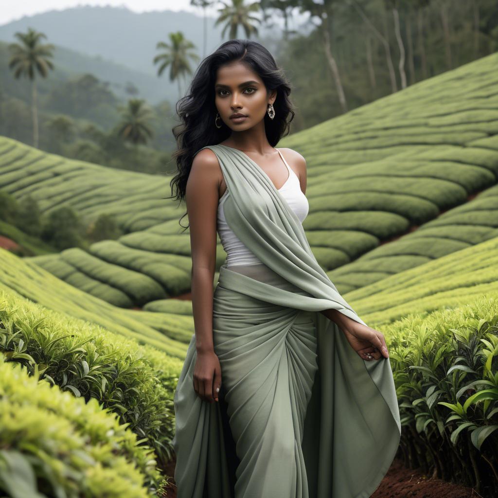 A stunning image of sri lankan model showcasing draped fabrics in lush tea plantation scenery.