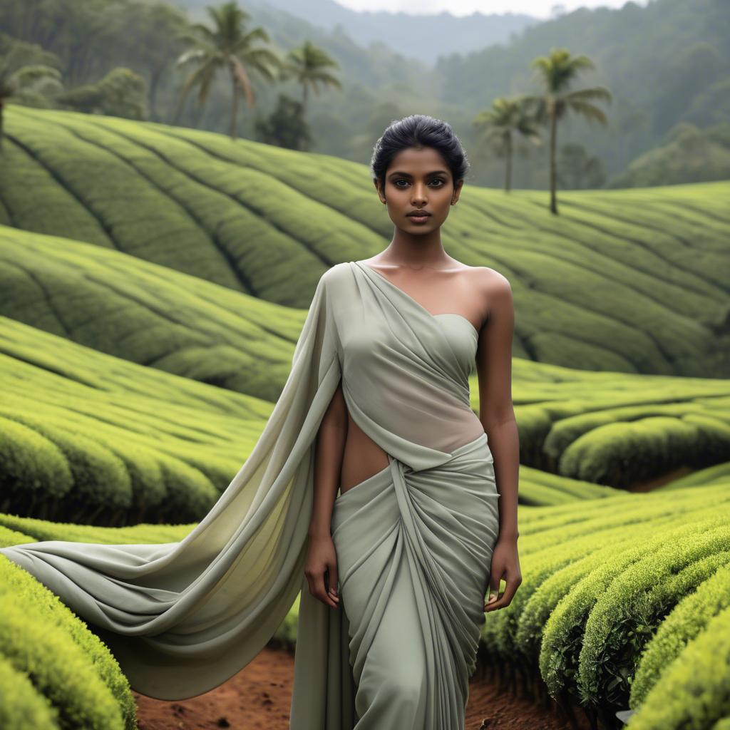A stunning image of sri lankan model showcasing draped fabrics in lush tea plantation scenery.