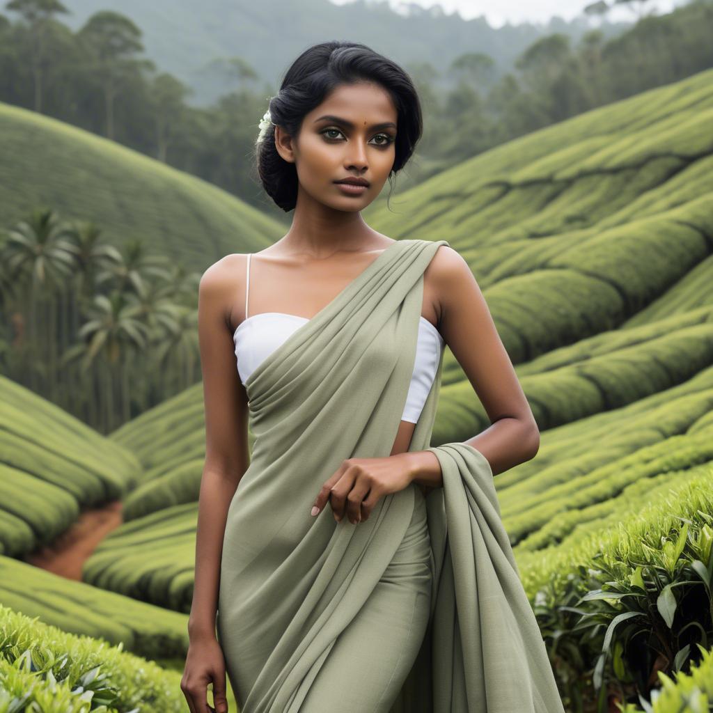 A stunning image of sri lankan model showcasing draped fabrics in lush tea plantation scenery.