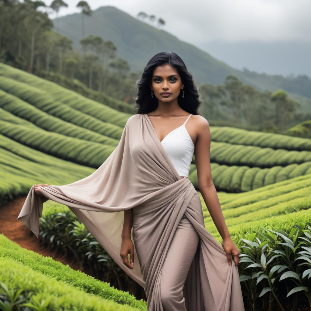 A stunning image of sri lankan model showcasing draped fabrics in lush tea plantation scenery.