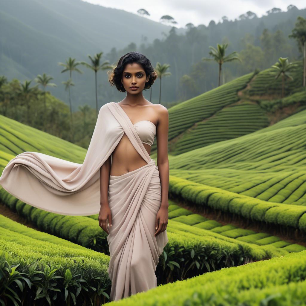 A stunning image of sri lankan model showcasing draped fabrics in lush tea plantation scenery.