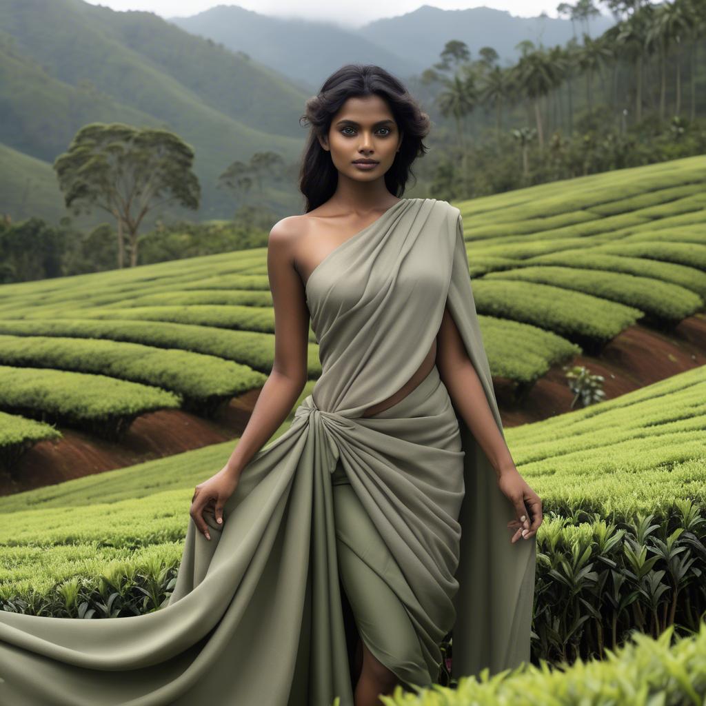 A stunning image of sri lankan model showcasing draped fabrics in lush tea plantation scenery.