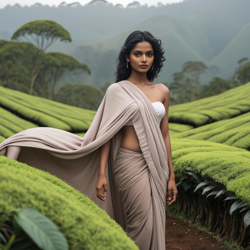 A stunning image of sri lankan model showcasing draped fabrics in lush tea plantation scenery.