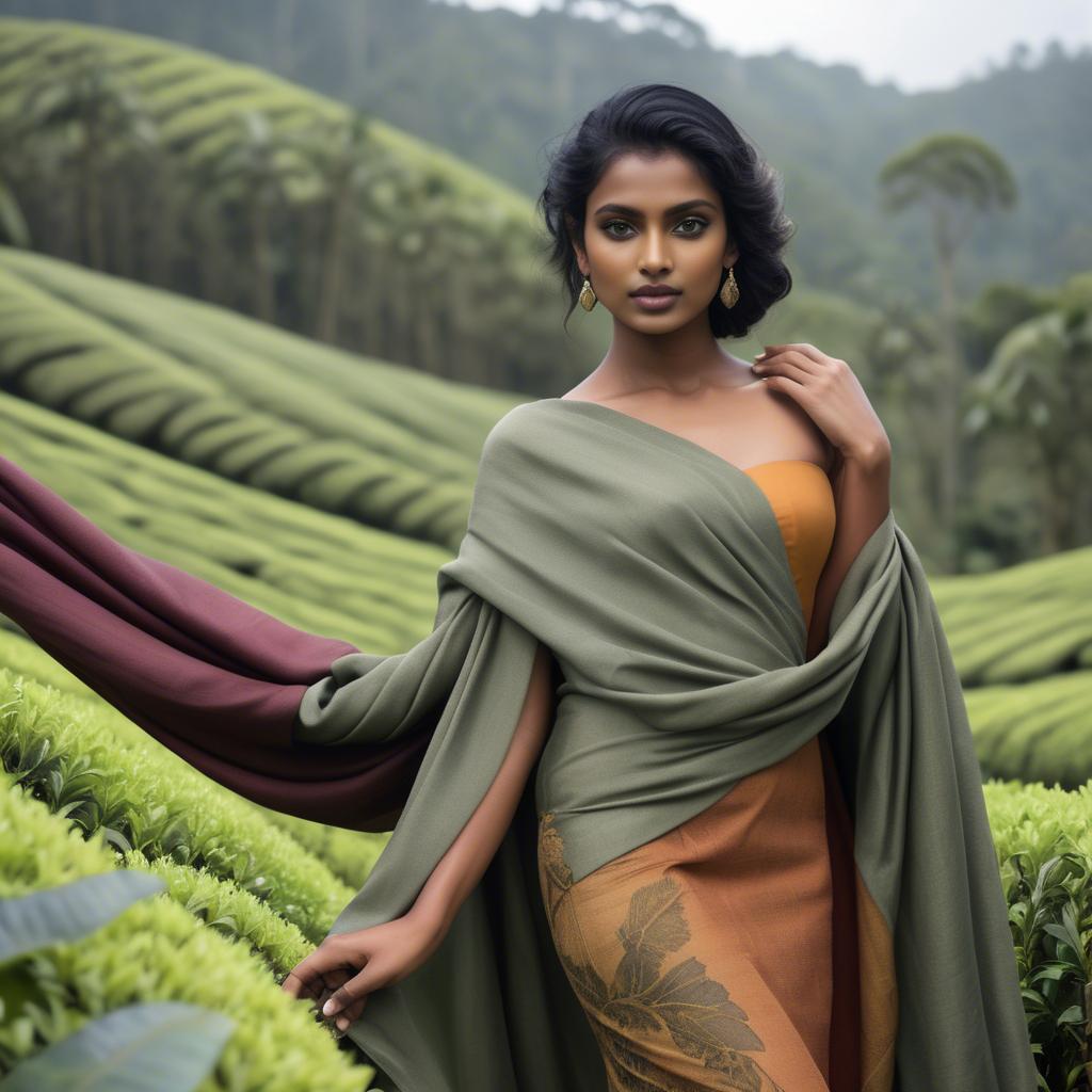 A stunning image of sri lankan model showcasing draped fabrics in lush tea plantation scenery.