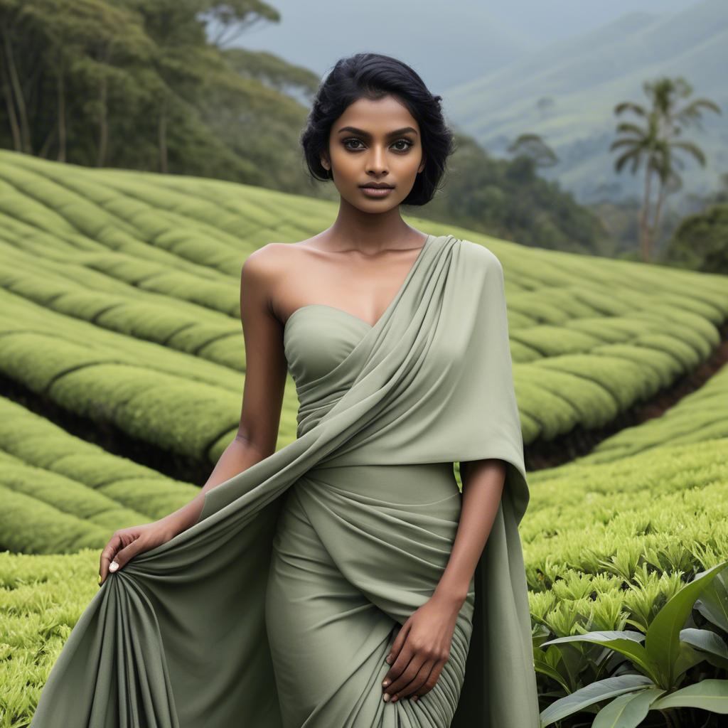 A stunning image of sri lankan model showcasing draped fabrics in lush tea plantation scenery.
