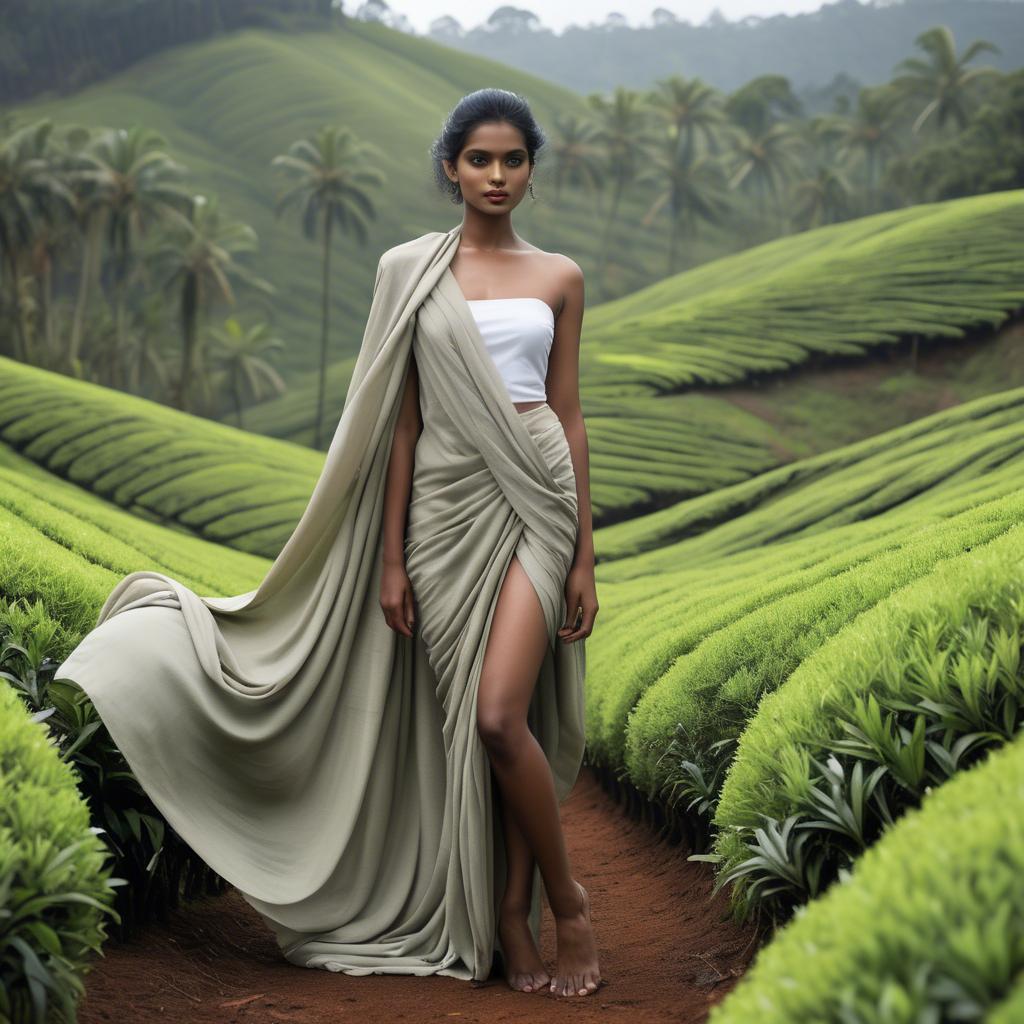 A stunning image of sri lankan model showcasing draped fabrics in lush tea plantation scenery.