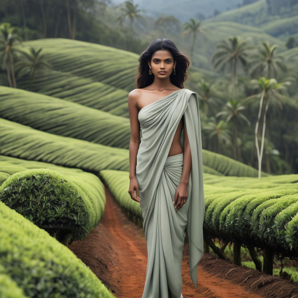 A stunning image of sri lankan model showcasing draped fabrics in lush tea plantation scenery.