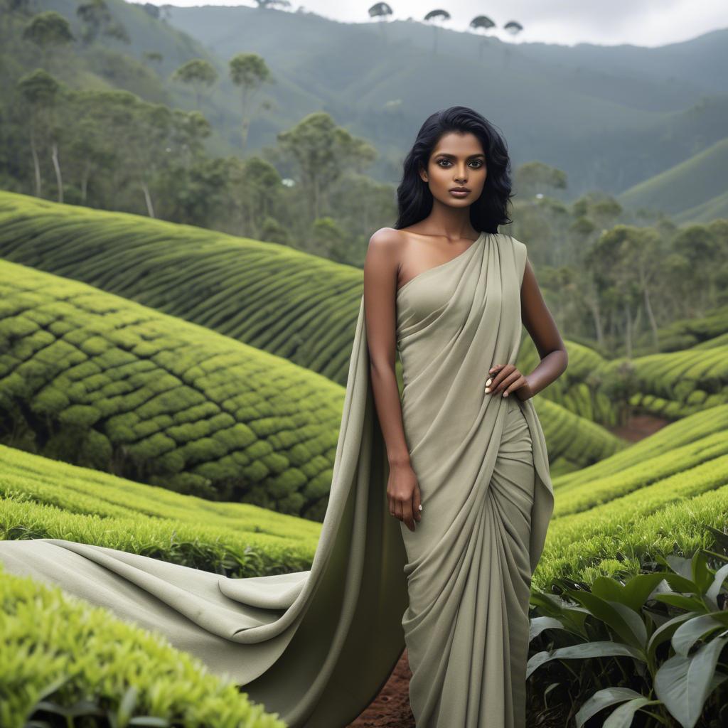 A stunning image of sri lankan model showcasing draped fabrics in lush tea plantation scenery.