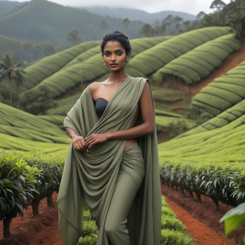 A stunning image of sri lankan model showcasing draped fabrics in lush tea plantation scenery.