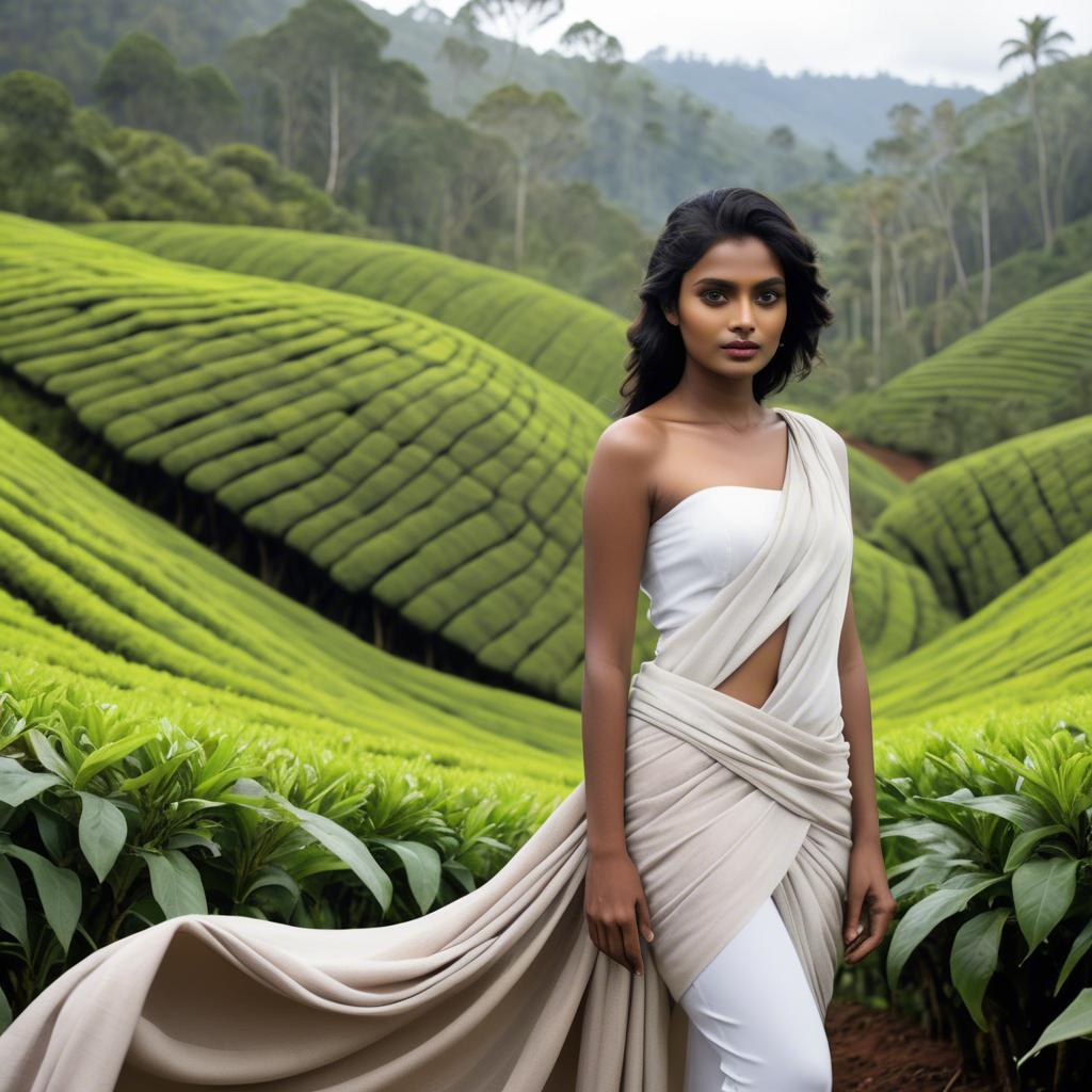 A stunning image of sri lankan model showcasing draped fabrics in lush tea plantation scenery.